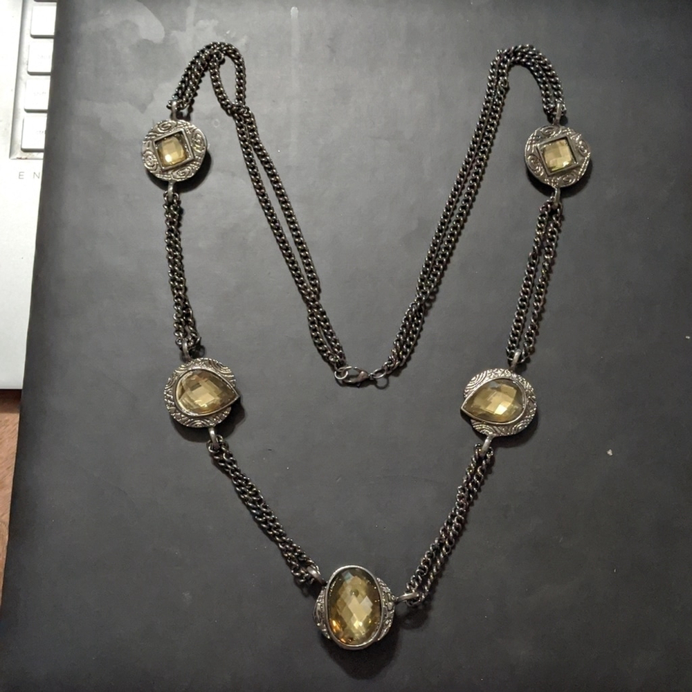 Gunmetal Black Chain with Yellow Rhinestones Long Statement Necklace